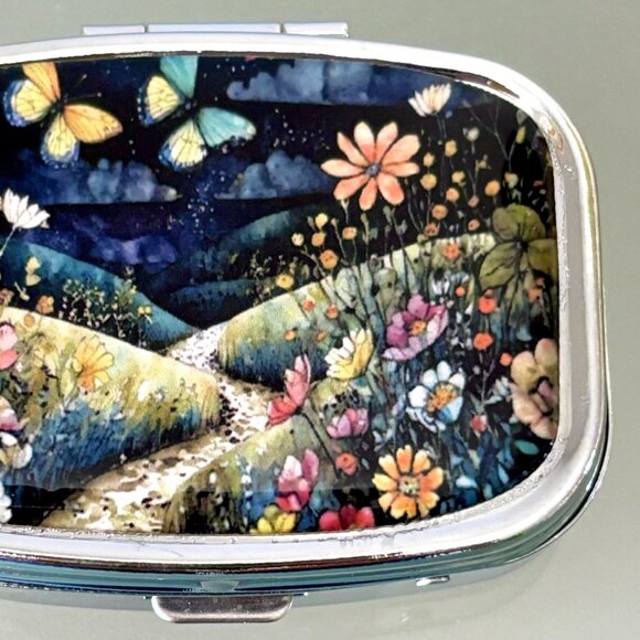 Enchanted Flower Meadow Butterflies Rectangular Purse Travel Vitamin Pill Box - Picture 3 of 5